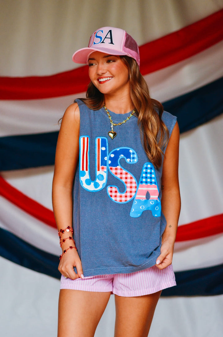 USA Patch Print Denim Boxy Muscle Tee