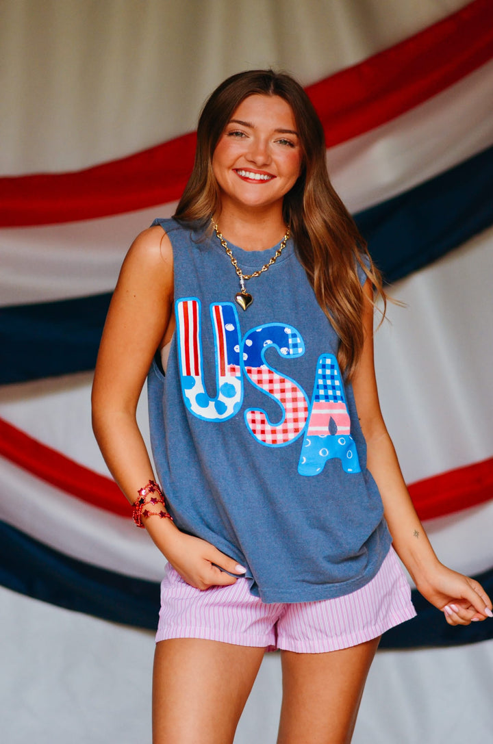 USA Patch Print Denim Boxy Muscle Tee