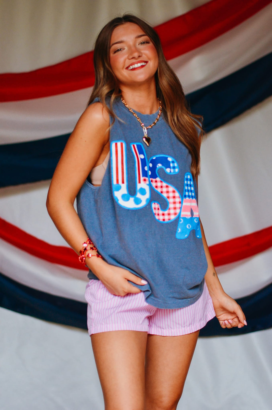 USA Patch Print Denim Boxy Muscle Tee