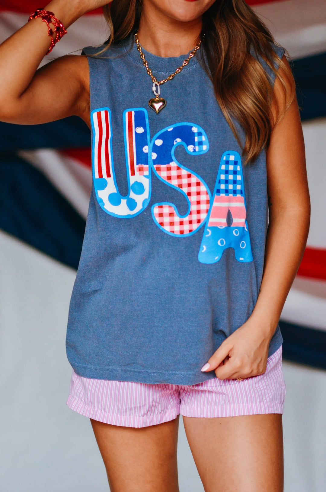 USA Patch Print Denim Boxy Muscle Tee