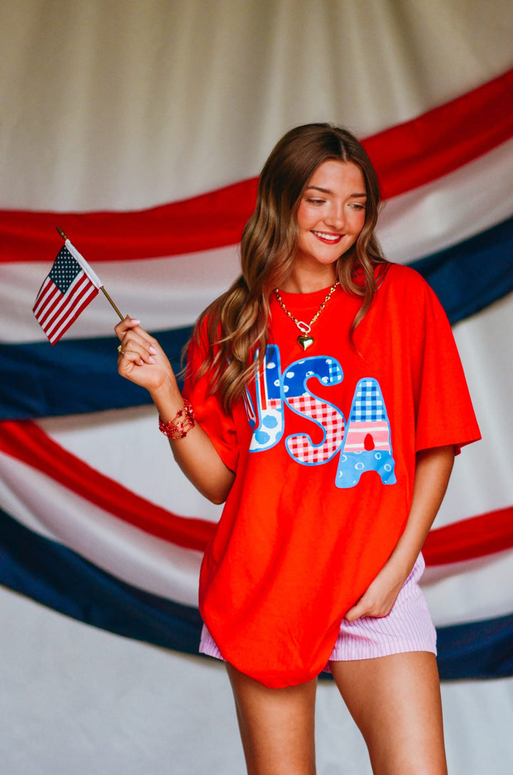 USA Patch Print Red Heavy Tee