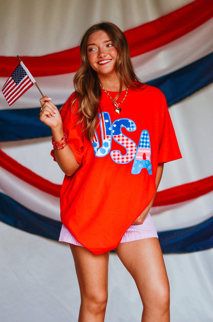 USA Patch Print Red Heavy Tee