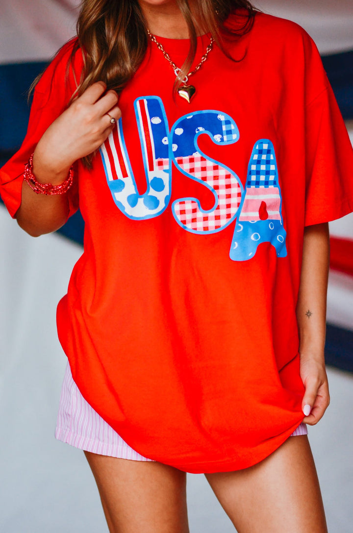 USA Patch Print Red Heavy Tee