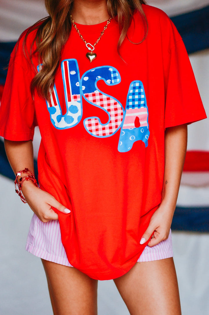 USA Patch Print Red Heavy Tee