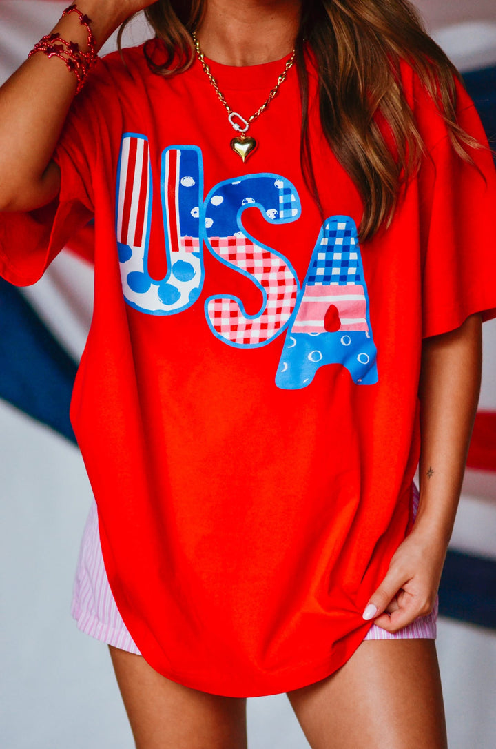 USA Patch Print Red Heavy Tee