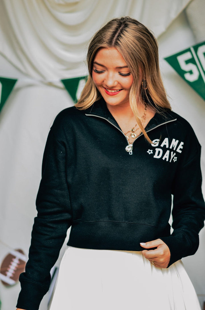 Game Day Black Half-Zip Cropped Sweatshirt