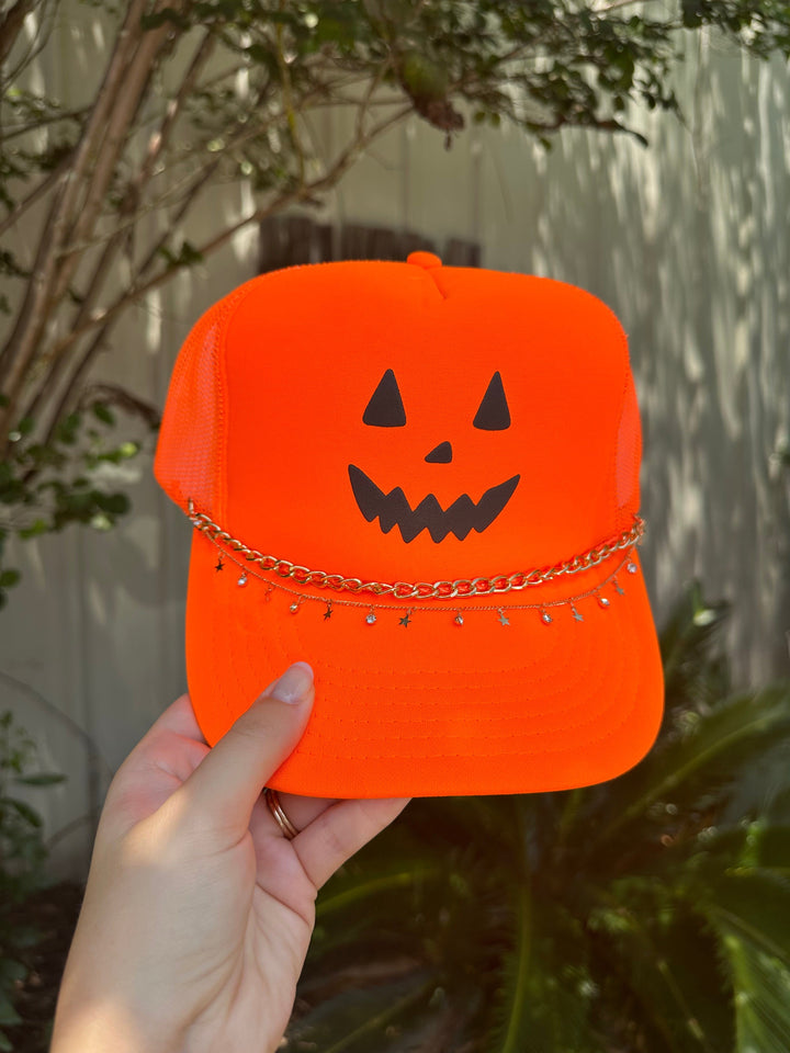 Jack O Lantern Neon Orange Trucker Hat