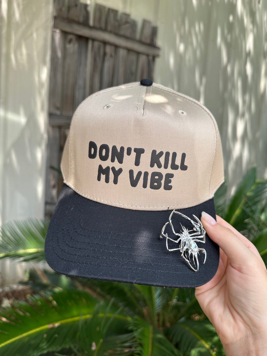 Don't Kill My Vibe Tan/Black Canvas Trucker Hat