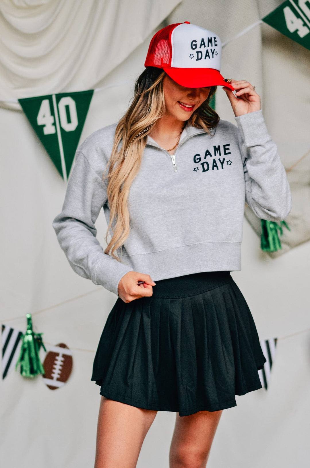 Game Day Lt Gray Half-Zip Cropped Sweatshirt