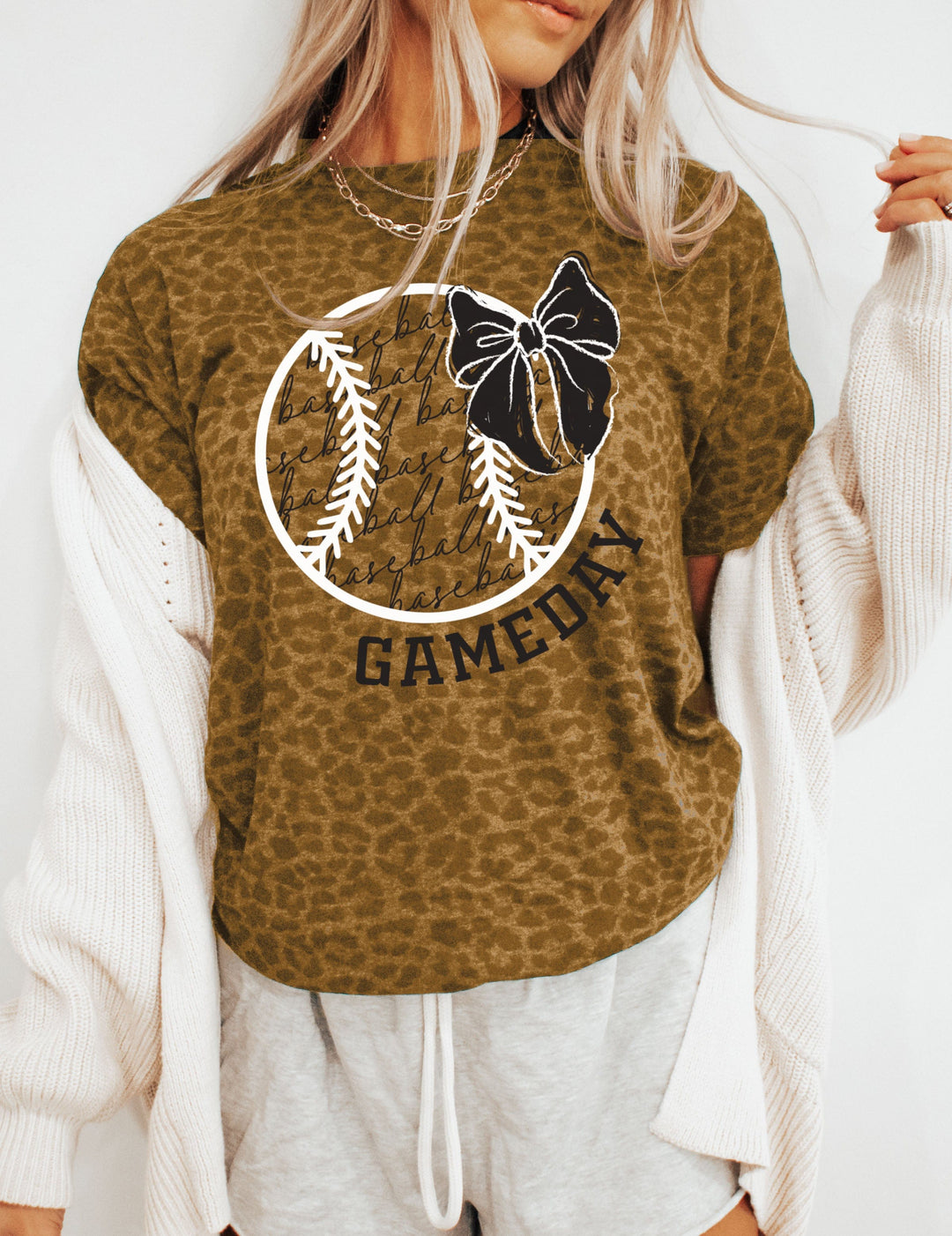 Baseball Gameday Bow Leopard Tee