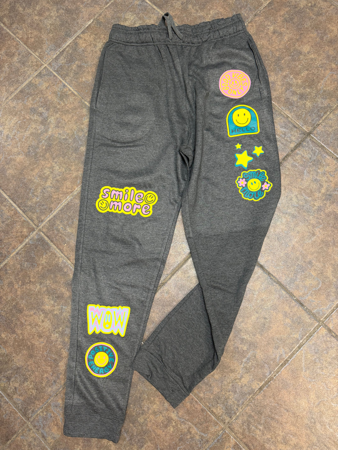 Smile More Retro Patch Dark Gray Pants