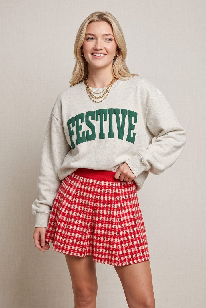 Festive Oatmeal Knit Sweatshirt