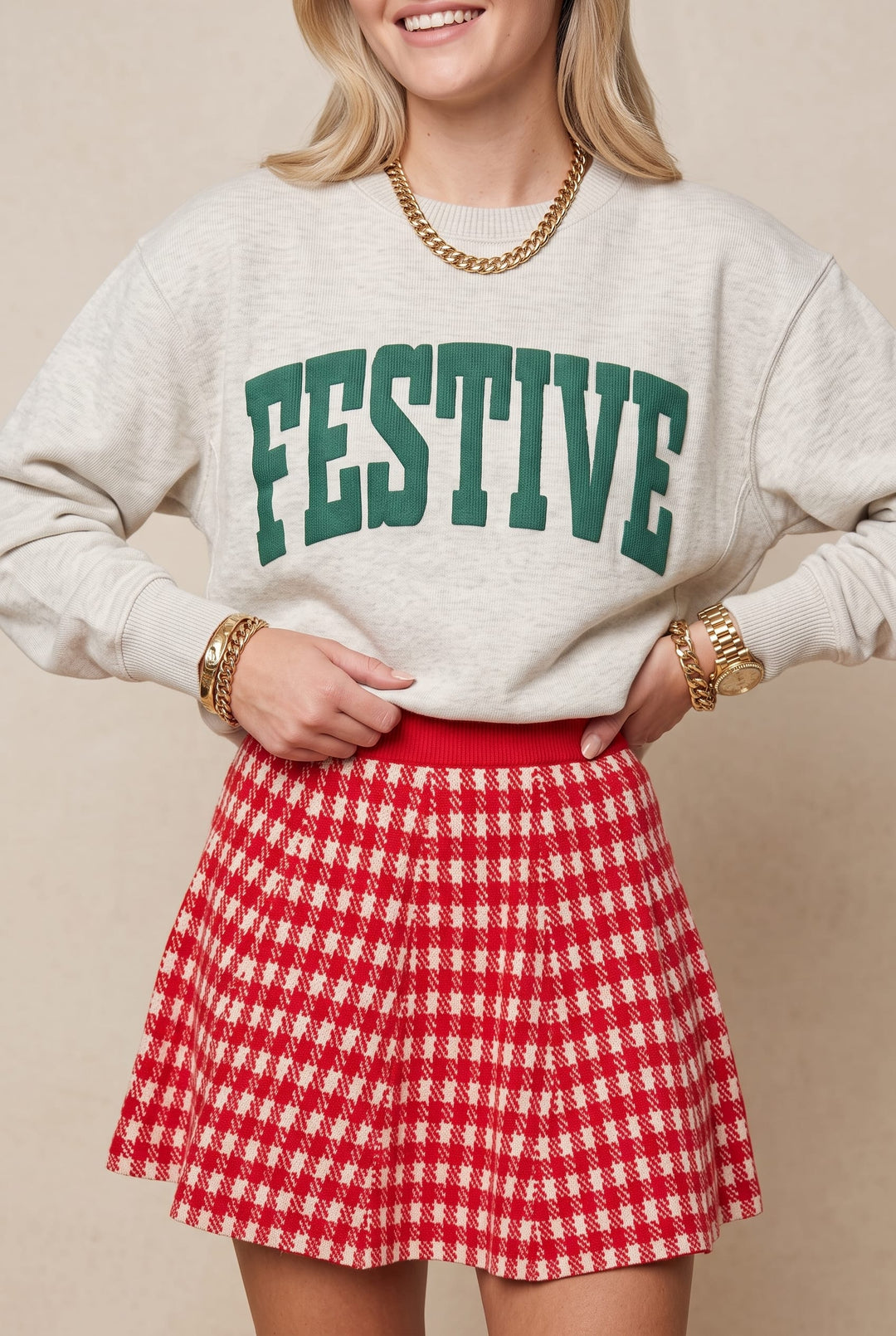 Festive Oatmeal Knit Sweatshirt