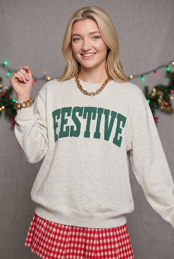 Festive Oatmeal Knit Sweatshirt