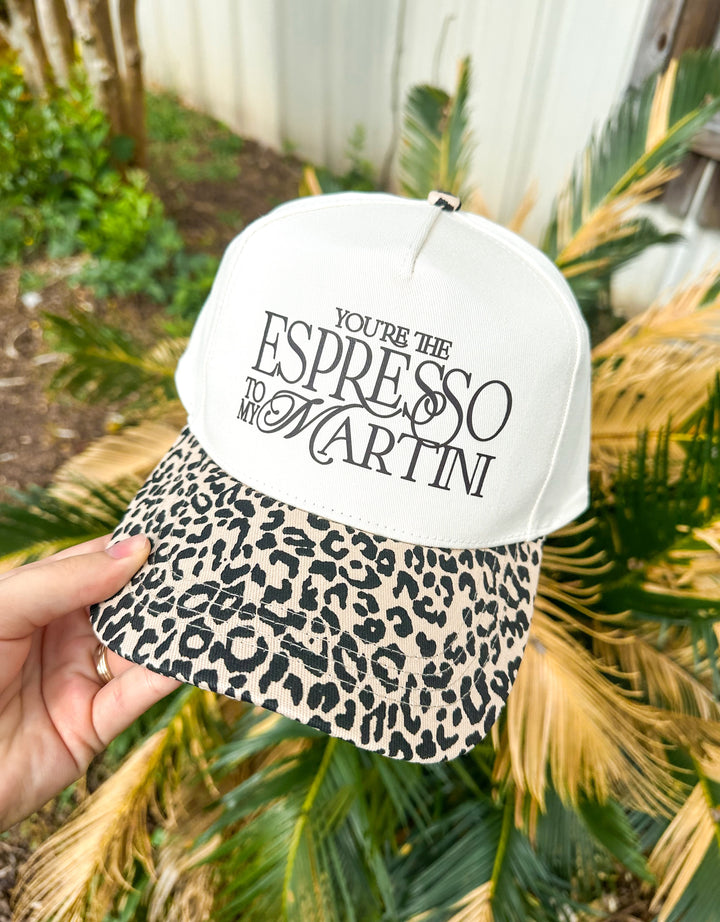 Espresso To My Martini Leopard Canvas Trucker Hat (dark brown font)