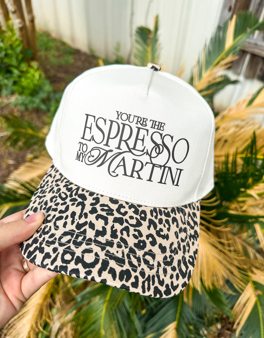 Espresso To My Martini Leopard Canvas Trucker Hat (dark brown font)