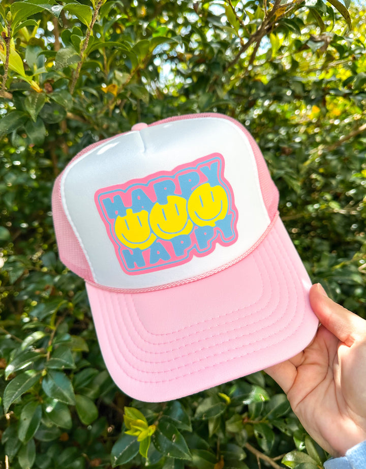 Happy Happy Smiley White/ Light Pink Trucker