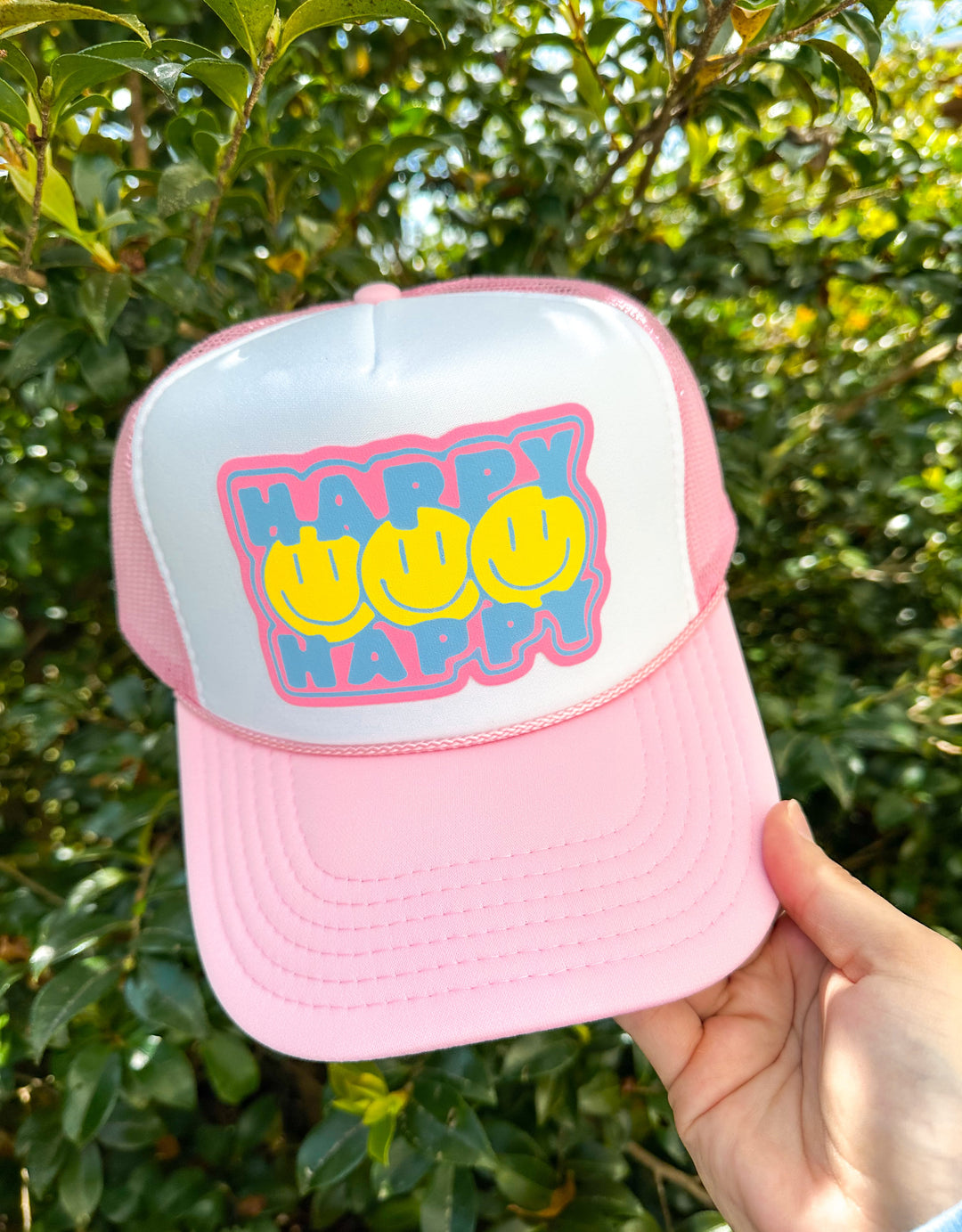 Happy Happy Smiley White/ Light Pink Trucker