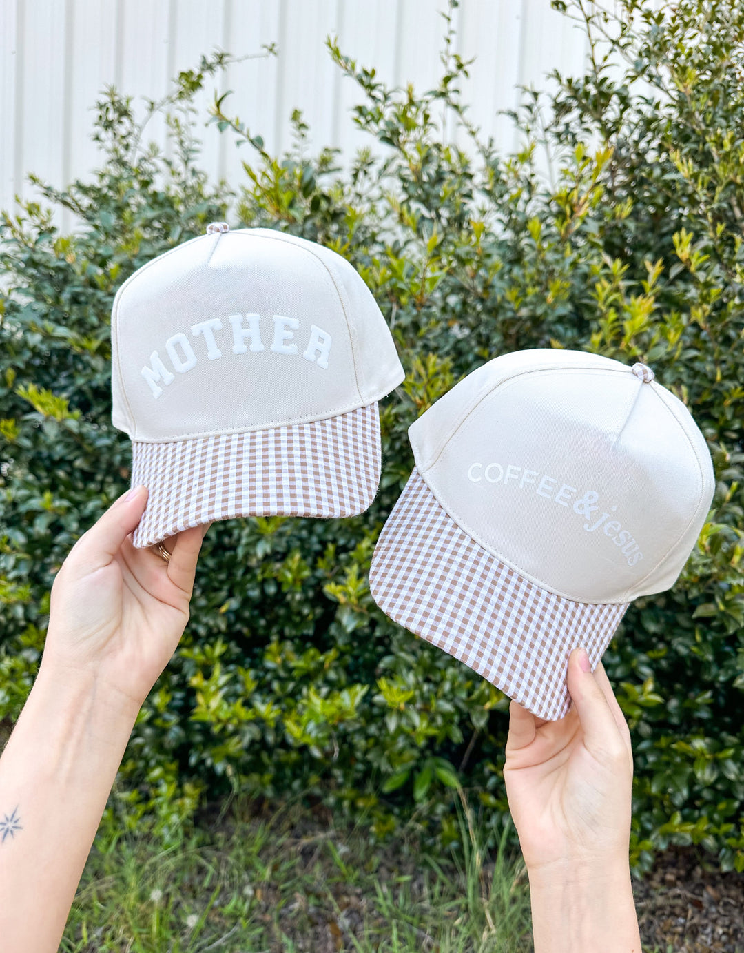 Coffee & Jesus Khaki/Brown Checkered Trucker Hat