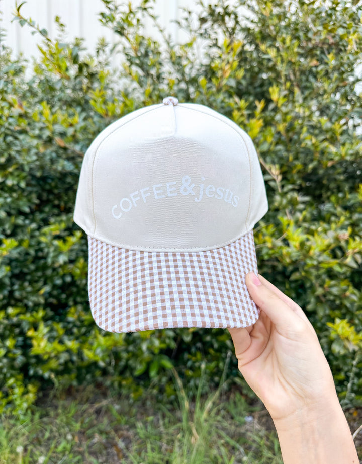 Coffee & Jesus Khaki/Brown Checkered Trucker Hat