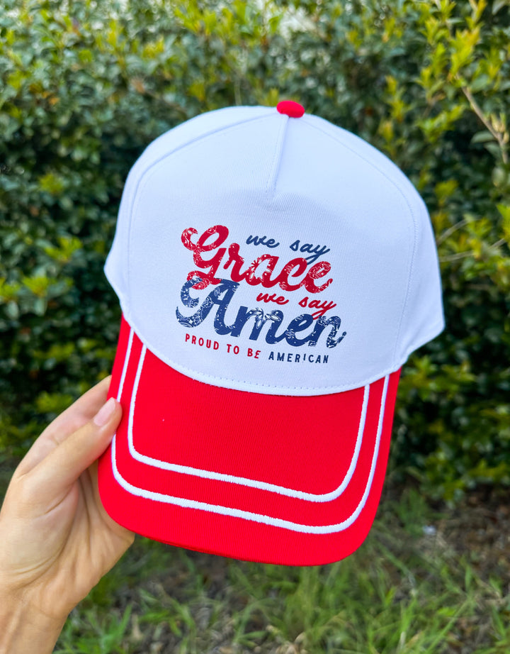 We Say Grace We Say Amen White/Red CANVAS Trucker