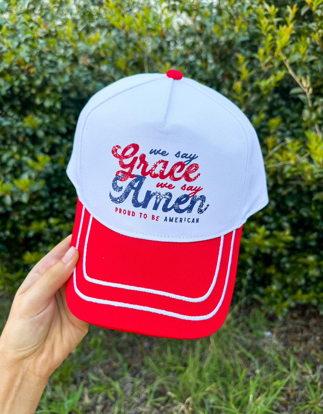 We Say Grace We Say Amen White/Red CANVAS Trucker