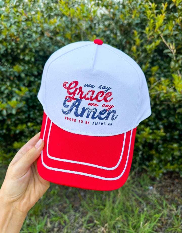 We Say Grace We Say Amen White/Red CANVAS Trucker