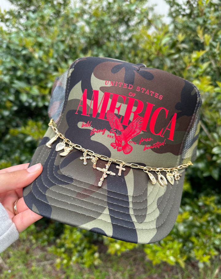 America (red font) Full Camo Trucker Hat
