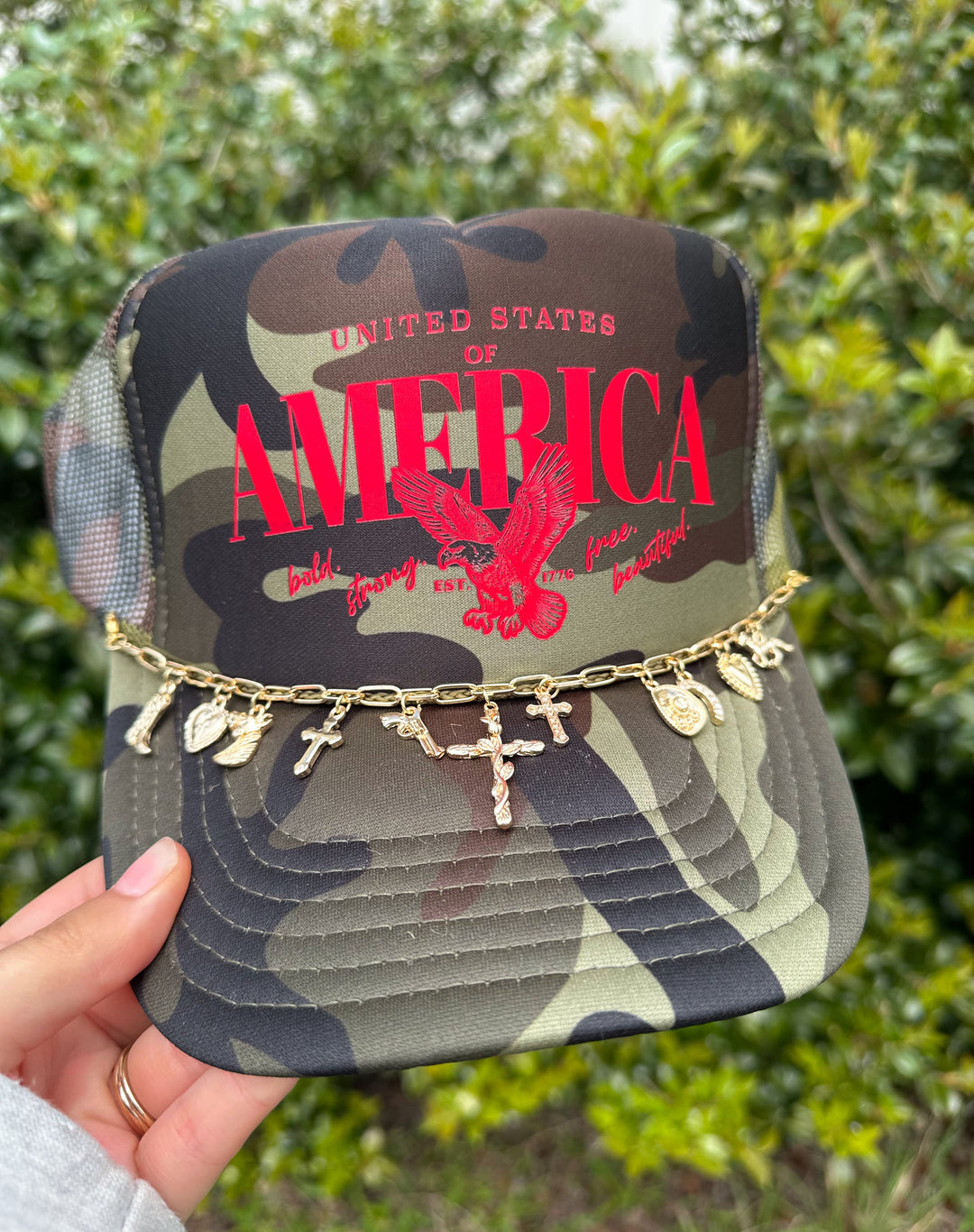 America (red font) Full Camo Trucker Hat