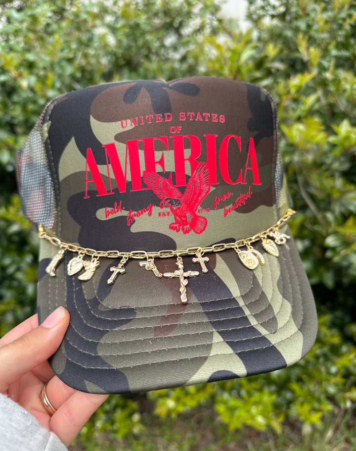 America (red font) Full Camo Trucker Hat