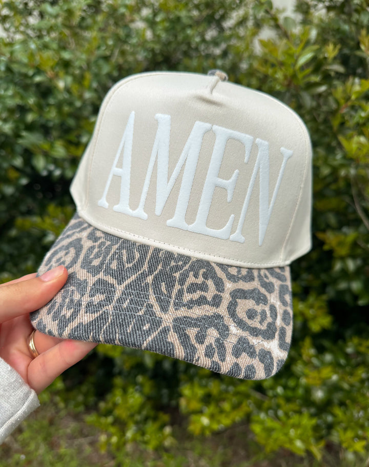Amen Washed Leopard Canvas Trucker Hat (white font)