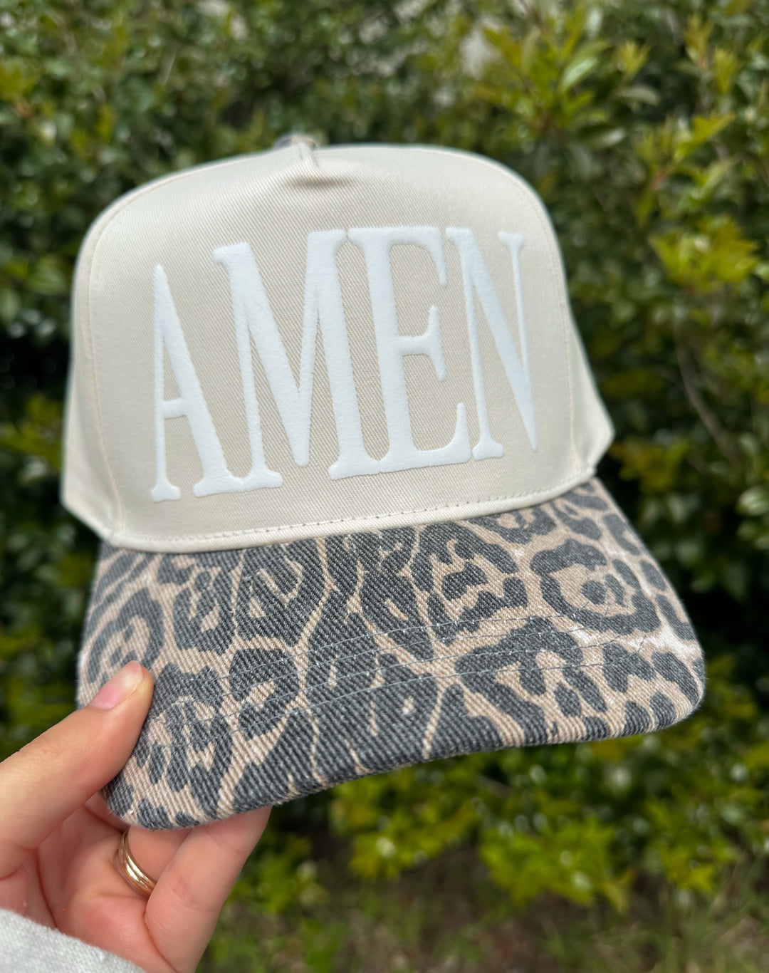 Amen Washed Leopard Canvas Trucker Hat (white font)