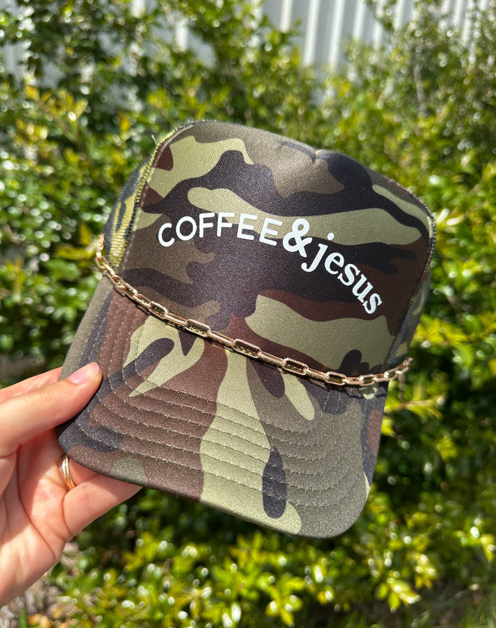 Coffee & Jesus Full Camo Trucker