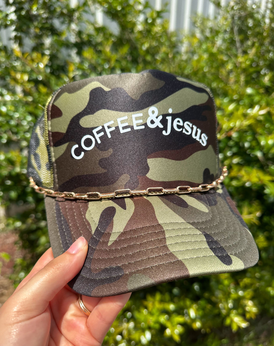 Coffee & Jesus Full Camo Trucker