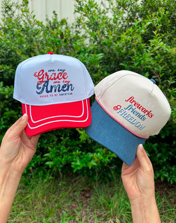 God Bless Fireworks Friends & Freedom Dark Denim With Red Rope Trucker