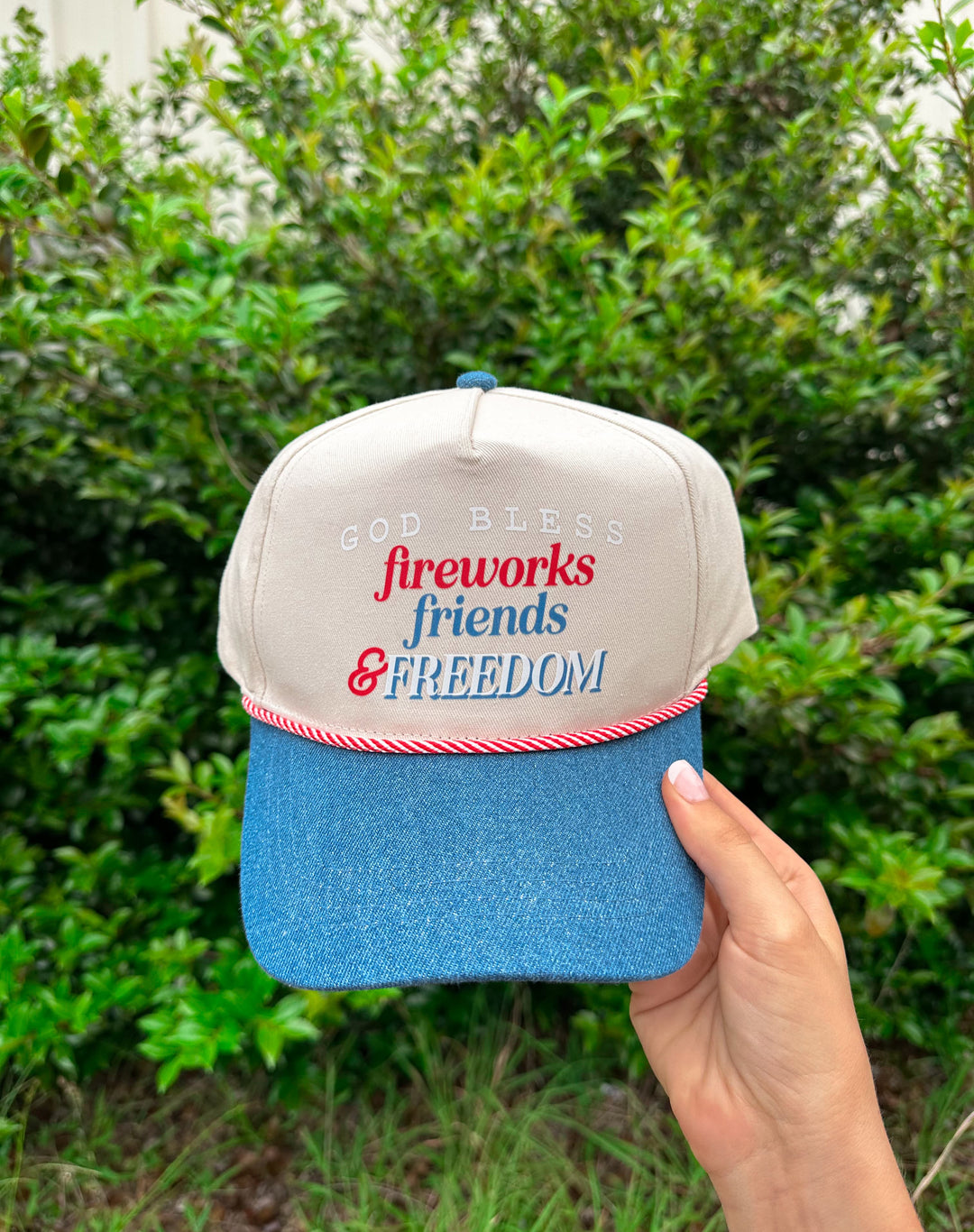 God Bless Fireworks Friends & Freedom Dark Denim With Red Rope Trucker