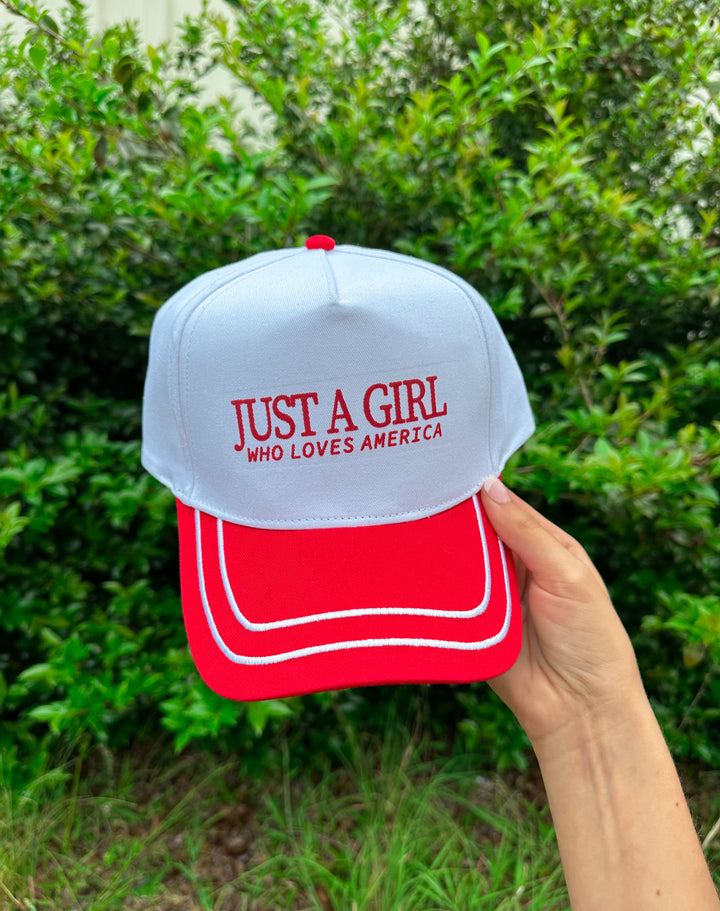 Just a Girl Loves America White/Red Canvas Trucker Hat