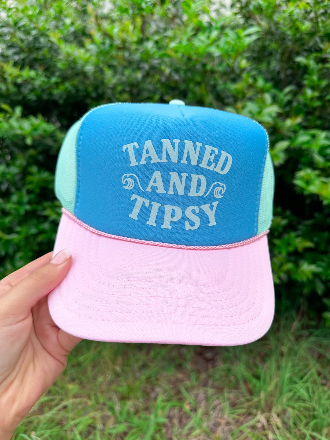 Tanned And Tipsy Multi Trucker Hat (Carolina Blue)