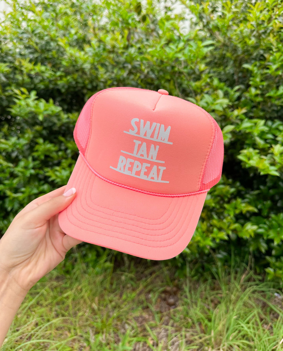 Swim Tan Repeat Coral Trucker Hat