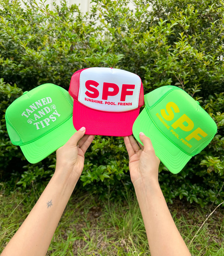 Tanned And Tipsy Neon Green Trucker Hat