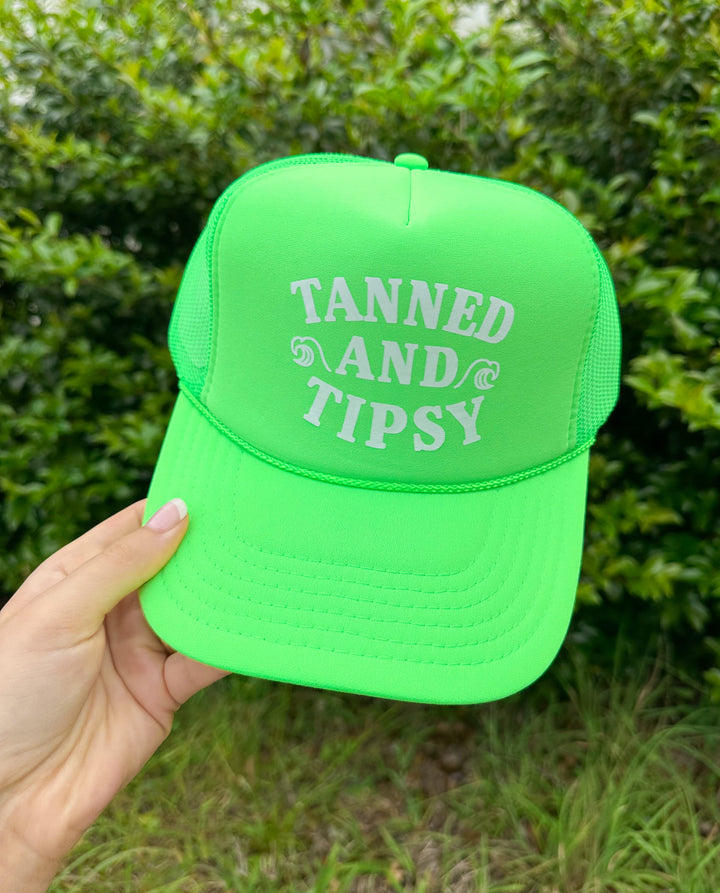 Tanned And Tipsy Neon Green Trucker Hat