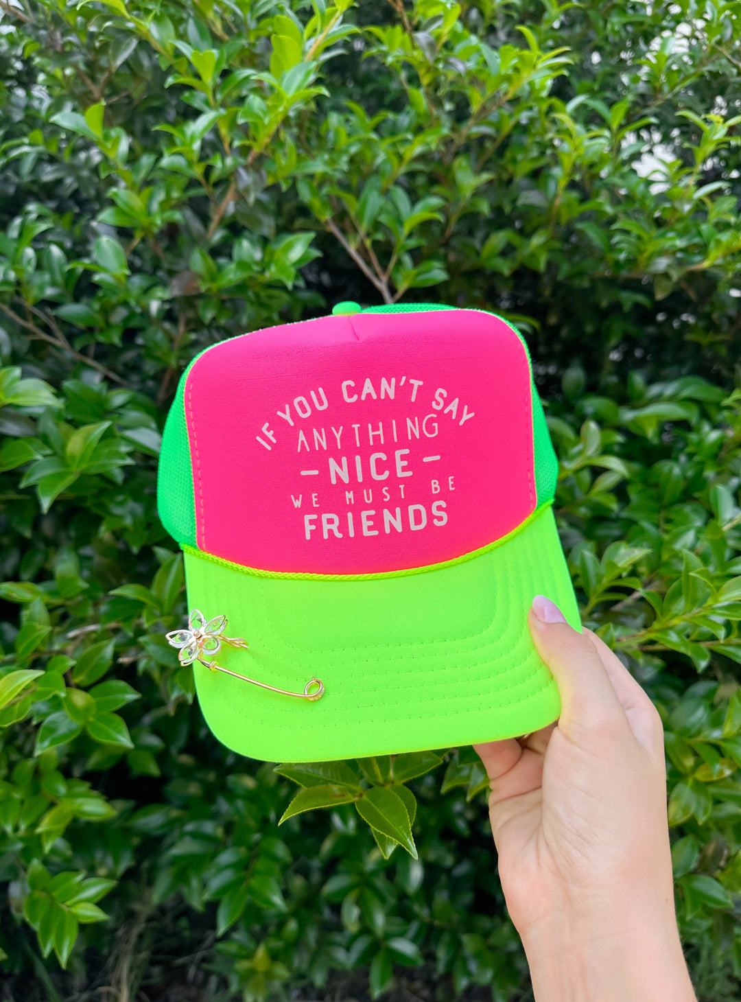 We Must Be Friends Multi-Trucker Hat (Hot Pink Front)