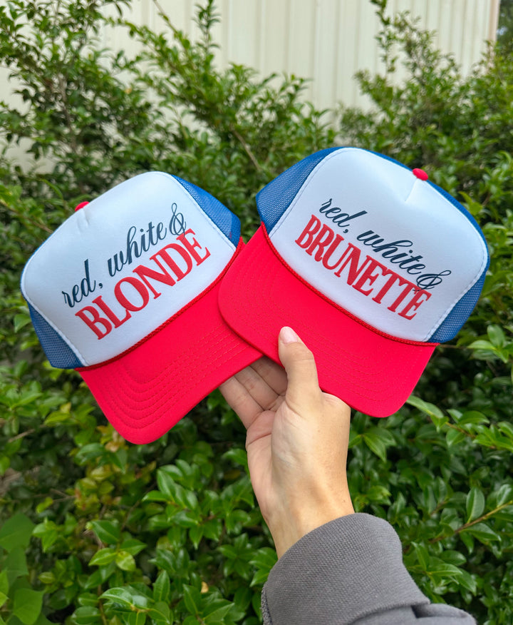 Blonde Or Brunette Red, White, Blue Foam Trucker