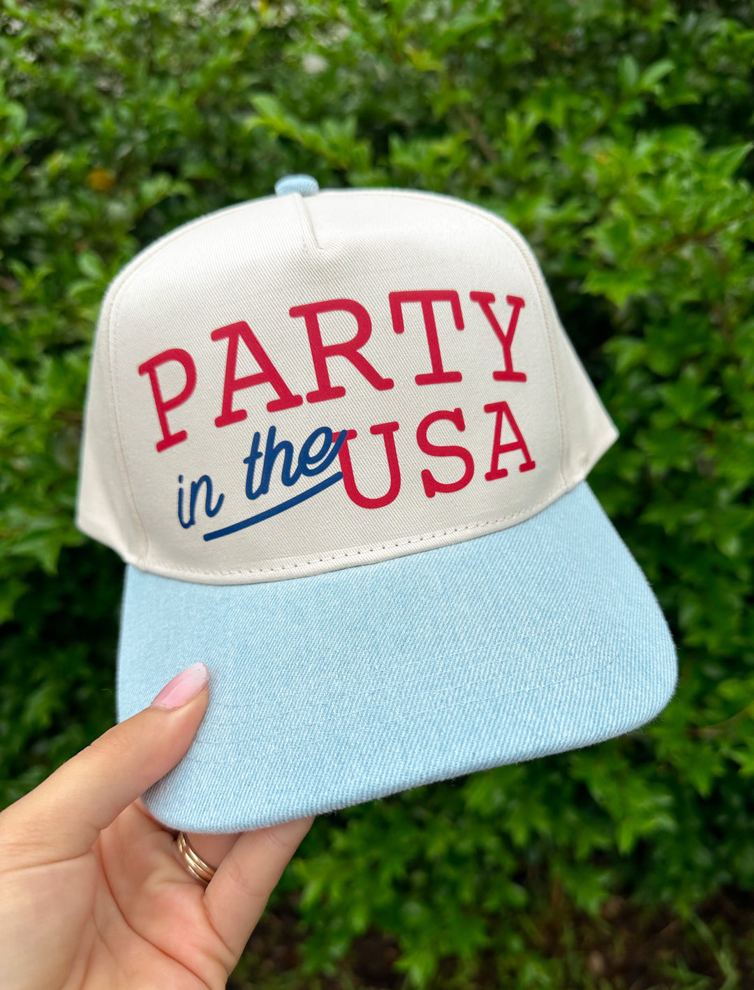 PARTY IN THE USA Light Denim Canvas Trucker Hat
