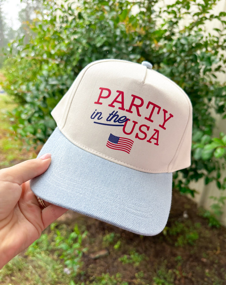 Party in the USA With Flag Light Denim Canvas Trucker Hat