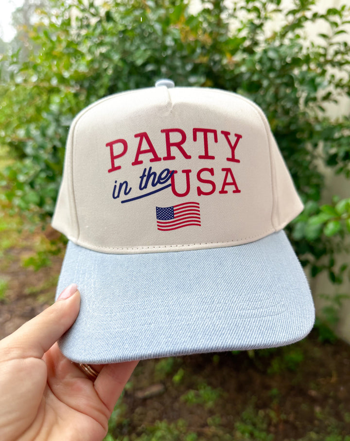 Party in the USA With Flag Light Denim Canvas Trucker Hat