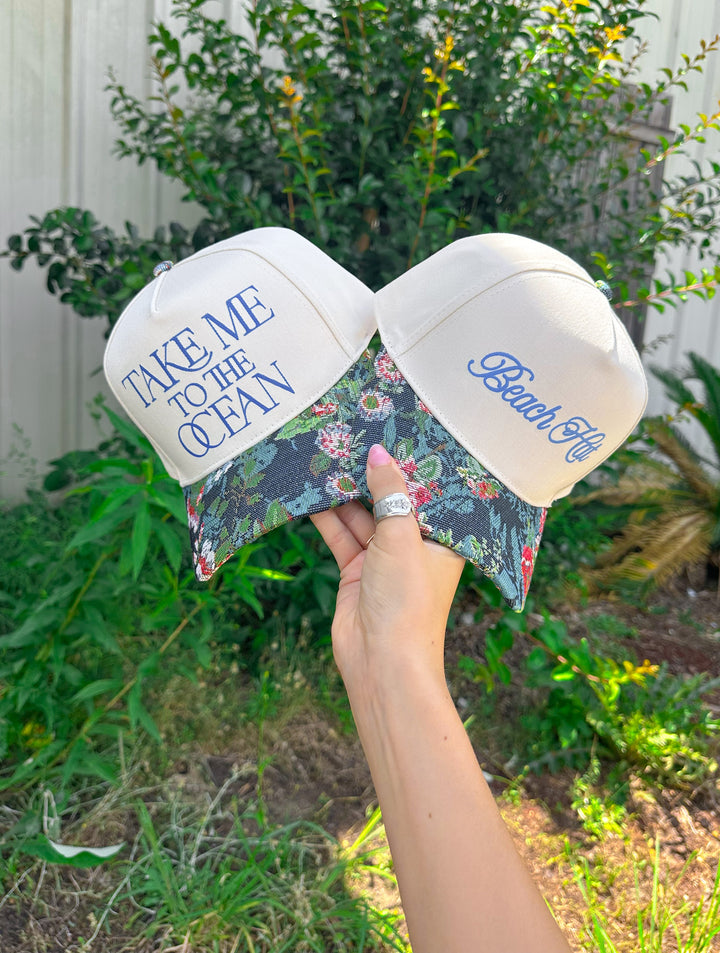 Take Me To The Ocean Tan/Blue Vintage Floral Canvas Trucker Hat
