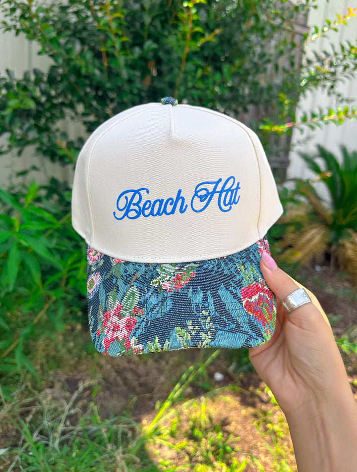 Beach Hat Cursive Tan/Blue Vintage Floral Canvas Trucker Hat