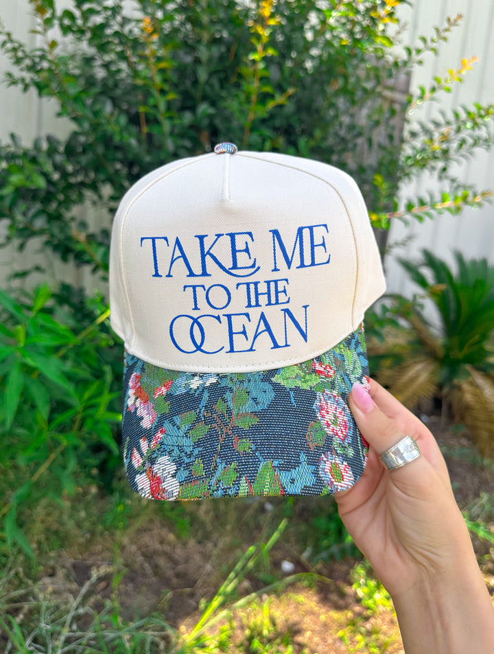 Take Me To The Ocean Tan/Blue Vintage Floral Canvas Trucker Hat