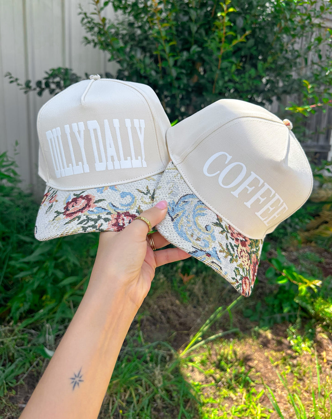COFFEE Tan/ Light Vintage Floral Canvas Trucker Hat